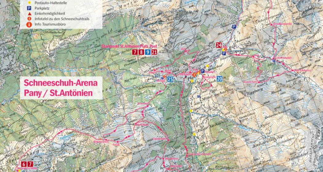 Übersichtskarte 1:50'000 der Schneeschuh-Arena Pany/St.Antönien: An den Startpunkten (Infotafeln) und im Prospekt zu finden. Übersichtskarte 1:50'000 der Schneeschuh-Arena Pany/St.Antönien: An den Startpunkten (Infotafeln) und im Prospekt zu finden.