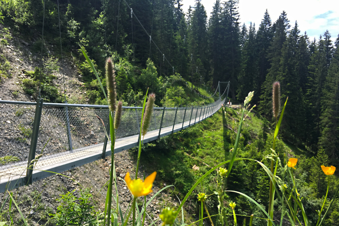 Imposant schwingt sich die Brücke 70 Meter weit über das Tobel.